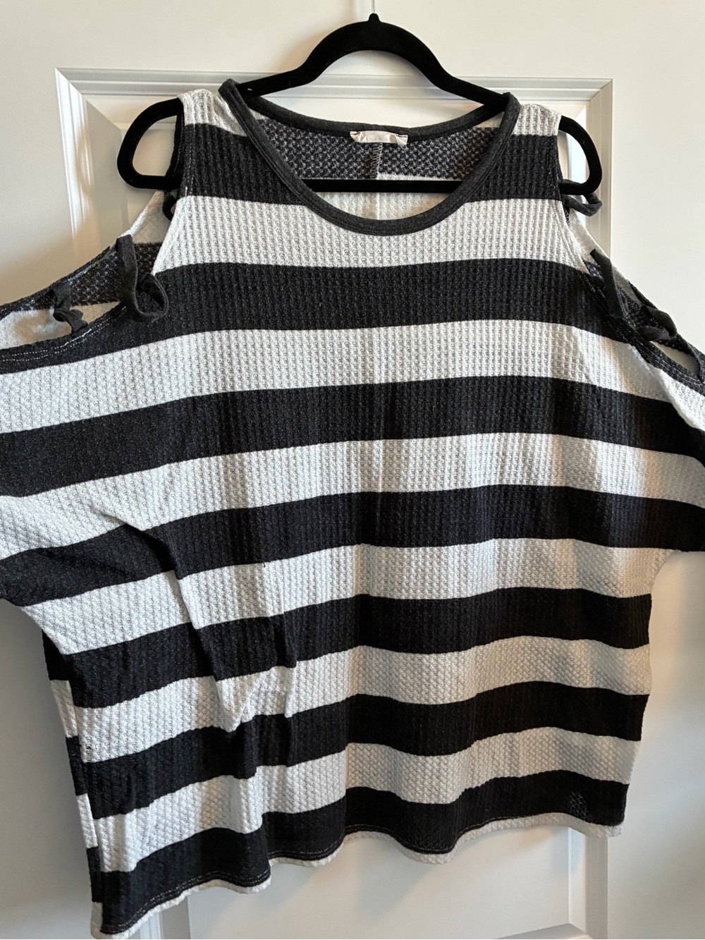 Women's Black & White Striped Cold-Shoulder Knit Top